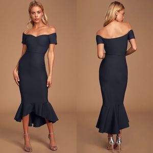 LULUS | How Much I Care Midnight Blue Off-the-Shoulder Midi Dress